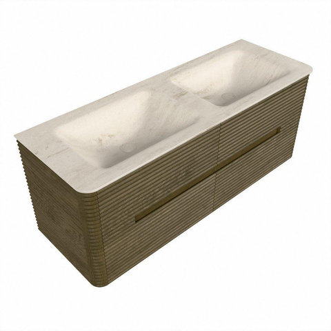 Mondiaz CIRO-DLUX Badkamermeubelset - 130x45x50cm - Solid surface wastafel Meli - 2 wasbak Dubbel - zonder kraangaten - 4 lades - Dusk SW1533160