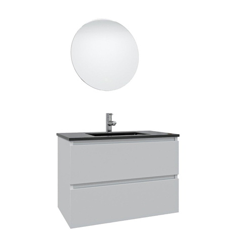 Saniclass Chaci Meuble de salle de bain - 80x46x55cm - lavabo en céramique noir - 1 vasque - sans trou de robinet - 2 tiroirs - ronde miroir avec éclairage - blanc mat SW816276