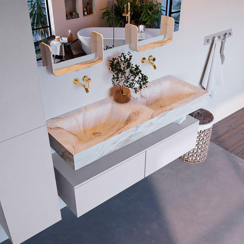 Mondiaz ALAN-DLUX Ensemble de meuble - 130cm - meuble Cale mat - 2 tiroirs - Lavabo Cloud Frappe suspendu - vasque Gauche et droite - 0 trous de robinet SW805278