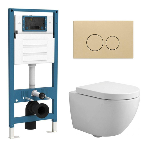 QeramiQ Dely Swirl Compact Toiletset - inbouwreservoir QeramiQ flush - 25mm zitting - kunststof bedieningsplaat beige - ronde knoppen - glans wit SW1590612