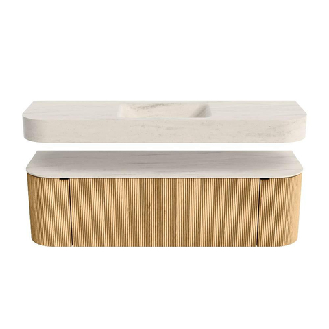 MONDIAZ THOR-DLUX 150cm meuble de salle de bains arrondi gauche + droite couleur Oak avec 1 tiroir et 2 portes. Vasque suspendue CLOUD Milieu 1 trou de robinet couleur Meli. SW1464782