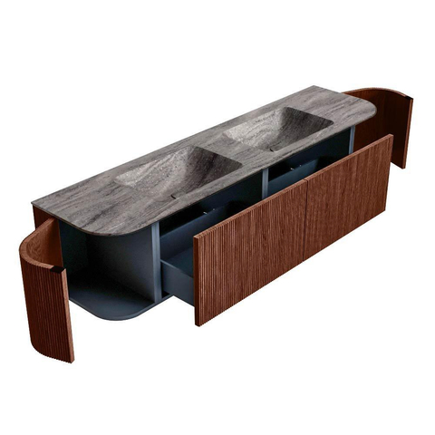 MONDIAZ KURVE-DLUX Meuble de salle de bains 180cm arrondi gauche + droite couleur Ruby avec 2 tiroirs et 2 portes. Plan-vasque LEAF Double 2 trous de robinet Oza. SW1432839