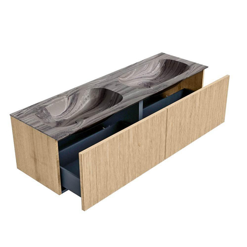 MONDIAZ KURVE-DLUX meuble de salle de bains 150cm couleur Oak avec 2 tiroirs et 0 portes. Lavabo STOR SMALL Double sans trou de robinet Sombra. SW1433610