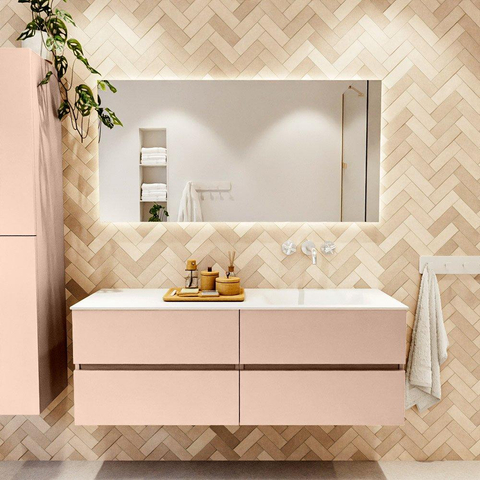MONDIAZ VICA Ensemble meuble de salle de bains - 140cm - meuble bas rosee - 4 tiroirs - lavabo cloud à droite - sans trous de robinet - version haute 60cm - talc SW1083393