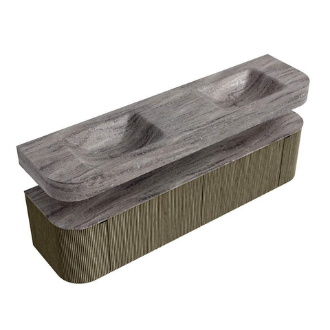 MONDIAZ THOR-DLUX 180cm meuble de salle de bains arrondi gauche + droite couleur Shadow avec 2 tiroirs et 2 portes. Vasque suspendue CLOUD Double 2 trous de robinet couleur Oza. SW1466318