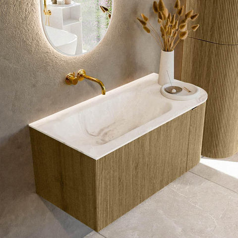 Mondiaz KURVE-DLUX Ensemble de meubles de salle de bains - 95x46x40cm - 1 tiroir - 1 porte - lavabo solid surface - gauche - sans trou de robinetterie - Dusk SW1414888