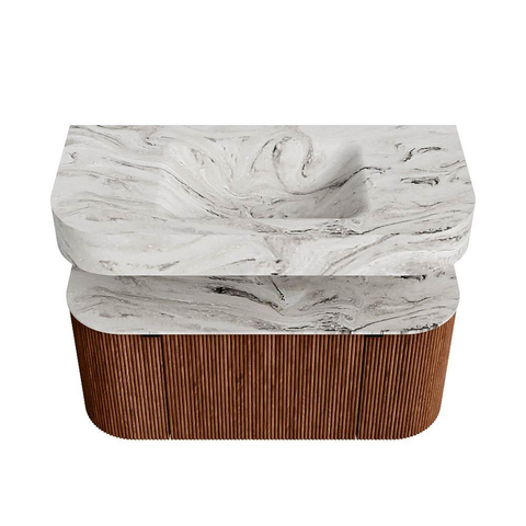 MONDIAZ THOR-DLUX 100cm meuble de salle de bains arrondi gauche + droite couleur Ruby avec 1 tiroir et 2 portes. Vasque suspendue CLOUD Milieu sans trou de robinet couleur Glace. SW1467416