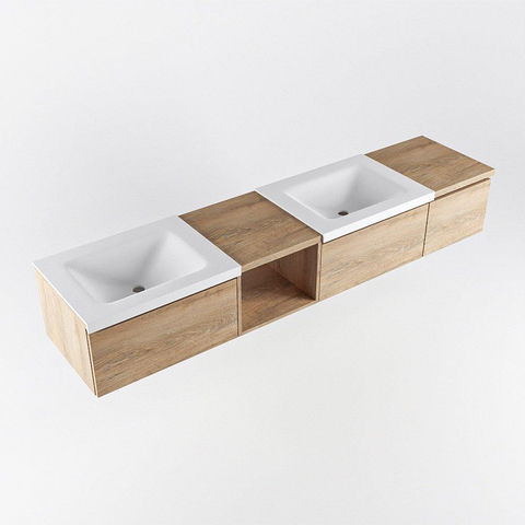 MONDIAZ BUKLA 200cm ensemble de meuble avec module ouvert 40 gauche couleur Chêne blanchi avec 3 tiroirs. Lavabo CLOUD double 0 trou de robinet couleur Talc. SW1382186