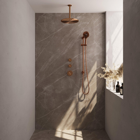 Brauer Copper Edition Ensemble de douche pluie encastré - douche principale 30cm - bras plafond 20cm - 3 boutons lisses - douchette ronde 3 positions - PVD - cuivre brossé SW374515