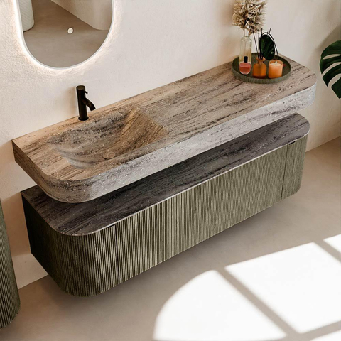 MONDIAZ THOR-DLUX 160cm meuble de salle de bains arrondi gauche + droite couleur Shadow avec 1 tiroir et 2 portes. Vasque suspendue CLOUD Gauche 1 trou de robinet couleur Oza. SW1465313