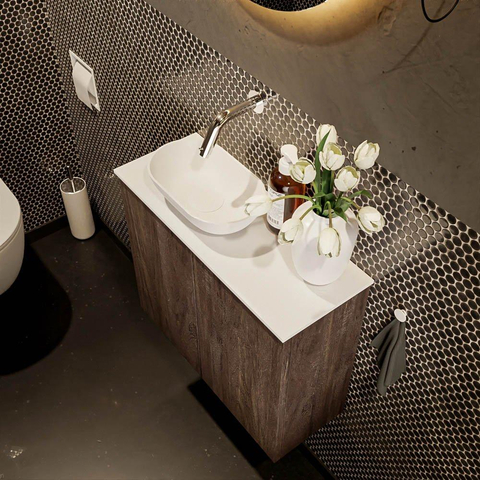 Meuble de toilette Mondiaz Fowy 60x50x23cm marron foncé mat 0 trou de robinet lavabo : gauche 2 portes solid surface avec plan Melamine couleur lavabo : blanc SW761366