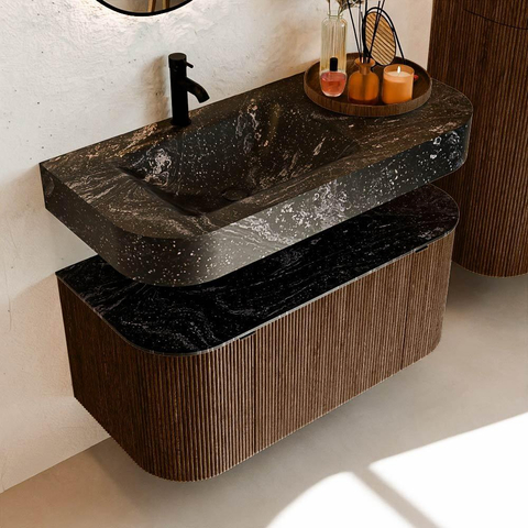 MONDIAZ THOR-DLUX Meuble de salle de bains - 100cm - arrondi gauche + droite - couleur Walnut - 1 tiroir et 2 portes - Vasque suspendue CLOUD gauche 1 trou de robinet couleur Lava SW1467376