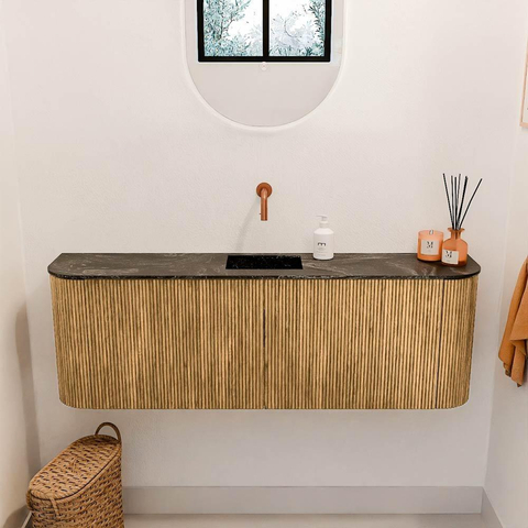 Mondiaz JOYA-DLUX 123.2cm toiletmeubel - ronding links en rechts kleur Oak - Wastafel FAYE positie Midden Zonder kraangat kleur Lava. SW1422100