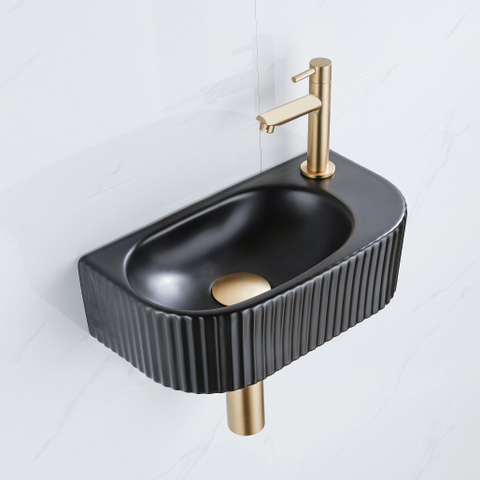 QeramiQ Fuente pack lave-mains – demi-rond – 40 x 21,5 x 12 cm – perçage à droite – robinet doré brossé – cannelé SW1233027