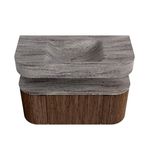 MONDIAZ THOR-DLUX Meuble de salle de bains - 100cm - arrondi gauche + droite - couleur Walnut - 1 tiroir - 2 portes - Vasque suspendue CLOUD Milieu 1 trou de robinet couleur Oza SW1467577