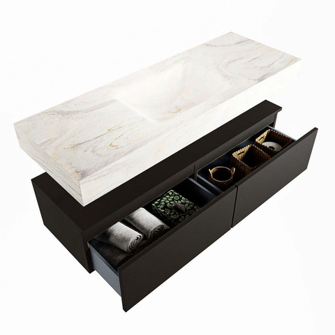 Mondiaz ALAN-DLUX Ensemble de meuble - 130cm - meuble Urban mat - 2 tiroirs - Lavabo Cloud Ostra suspendu - vasque Centre - 1 trou de robinet SW807392
