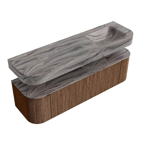 MONDIAZ THOR-DLUX 160cm meuble de salle de bains arrondi gauche + droite couleur Walnut avec 1 tiroir et 2 portes. Vasque suspendue CLOUD Droite 1 trou de robinet couleur Sombra. SW1465377