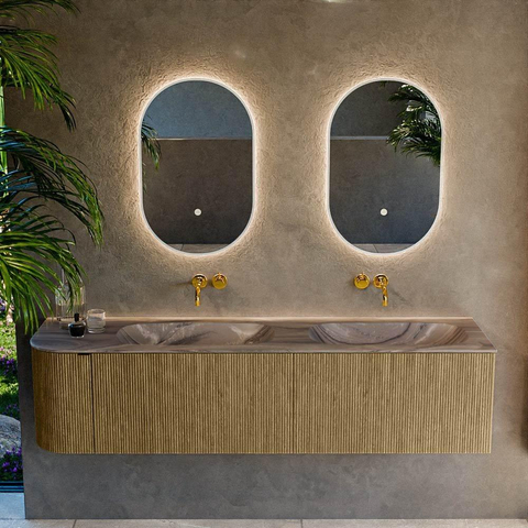 MONDIAZ KURVE-DLUX Meuble de salle de bains 175cm arrondi à gauche couleur Dusk avec 2 tiroirs et 1 porte. Lavabo STOR SMALL Double / Droite sans trou de robinet Sombra. SW1433909