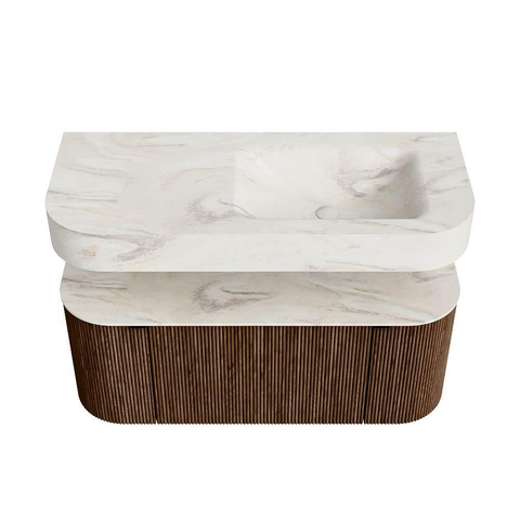 MONDIAZ THOR-DLUX 110cm meuble de salle de bains arrondi gauche + droite couleur Walnut avec 1 tiroir et 2 portes. Vasque suspendue CLOUD droite sans trou de robinet couleur Ostra. SW1462805