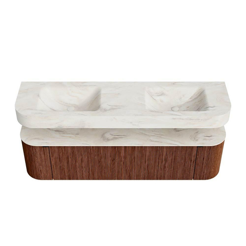 MONDIAZ THOR-DLUX Meuble de salle de bains 170cm arrondi gauche + droite couleur Ruby avec 1 tiroir et 2 portes. Vasque suspendue CLOUD Double 2 trous de robinet couleur Ostra. SW1465500