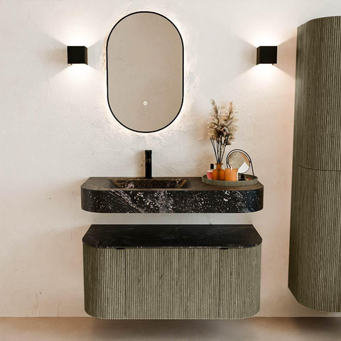 MONDIAZ THOR-DLUX 100cm meuble de salle de bains arrondi gauche + droite couleur Shadow avec 1 tiroir et 2 portes. Vasque suspendue CLOUD gauche 1 trou de robinet couleur Lava. SW1467517