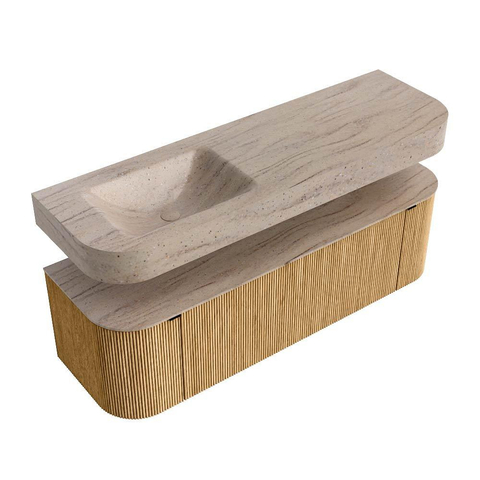 MONDIAZ THOR-DLUX 150cm meuble de salle de bains arrondi gauche + droite couleur Oak avec 1 tiroir et 2 portes. Vasque suspendue CLOUD gauche sans trou de robinet couleur Saba. SW1464862