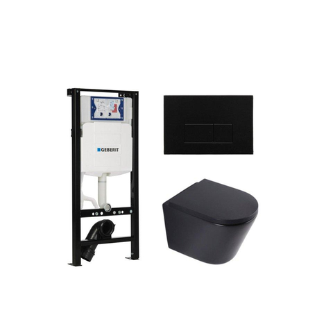 QeramiQ Dely Toiletset - 36.3x51.7cm - diepspoel - rimless - Geberit UP320 plieger inbouwreservoir - softclose toilet zitting - 35mm - metaal mat zwarte bedieningsplaat - rechthoekige knoppen - mat zwart SW1413297
