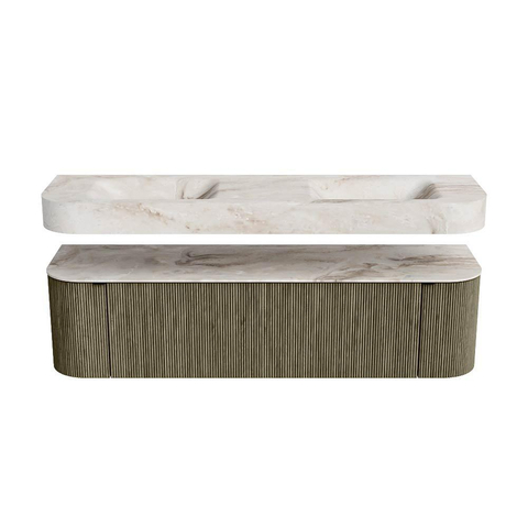 MONDIAZ THOR-DLUX 170cm meuble de salle de bains arrondi gauche + droite couleur Shadow avec 1 tiroir et 2 portes. Vasque suspendue CLOUD Double sans trou de robinet couleur Frappe. SW1465504