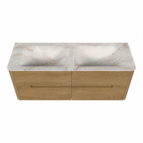 Mondiaz CIRO-DLUX Ensemble de meubles de salle de bains - 130x45x50cm - Vasque solid surface Frappe - 2 vasques Double - sans trous de robinet - 4 tiroirs - Chêne SW1530874