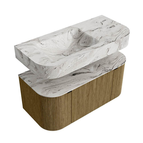 MONDIAZ THOR-DLUX 100cm meuble de salle de bains arrondi gauche + droite couleur Dusk avec 1 tiroir et 2 portes. Vasque suspendue CLOUD Gauche sans trou de robinet couleur Glace. SW1467399