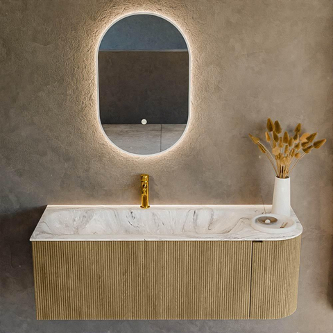 Mondiaz KURVE-DLUX Ensemble meuble de salle de bains - 125x46x40cm - 1 tiroir - 1 porte - lavabo solid surface - gauche - 1 trou de robinet - Dusk SW1415481