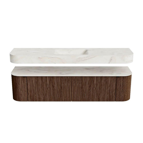 MONDIAZ THOR-DLUX 180cm meuble de salle de bains arrondi gauche + droite couleur Walnut avec 2 tiroirs et 2 portes. Vasque suspendue CLOUD Milieu 1 trou de robinet couleur Ostra. SW1465968