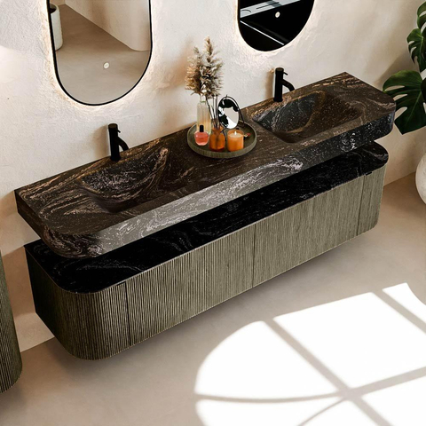 MONDIAZ THOR-DLUX 190cm meuble de salle de bains arrondi gauche + droite couleur Shadow avec 2 tiroirs et 2 portes. Vasque suspendue CLOUD Double 2 trous de robinet couleur Lava. SW1466562