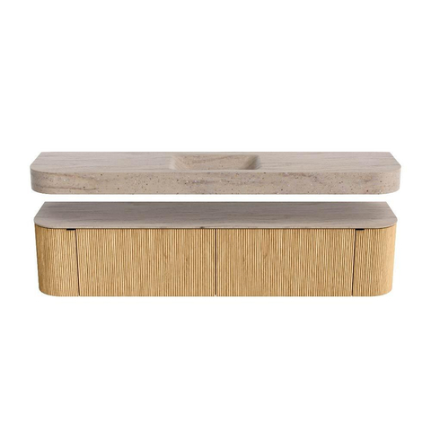MONDIAZ THOR-DLUX 200cm meuble de salle de bains arrondi gauche + droite couleur Oak avec 2 tiroirs et 2 portes. Vasque suspendue CLOUD Milieu sans trou de robinet couleur Saba. SW1467212