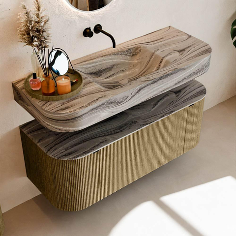 MONDIAZ THOR-DLUX 120cm meuble de salle de bains arrondi gauche + droite couleur Dusk avec 1 tiroir et 2 portes. Vasque suspendue CLOUD Milieu sans trou de robinet couleur Sombra. SW1463682