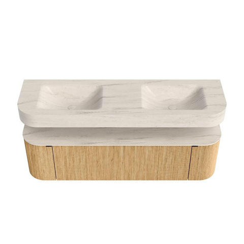 MONDIAZ THOR-DLUX 160cm meuble de salle de bains arrondi gauche + droite couleur Oak avec 1 tiroir et 2 portes. Vasque suspendue CLOUD Double 2 trous de robinet couleur Meli. SW1465146