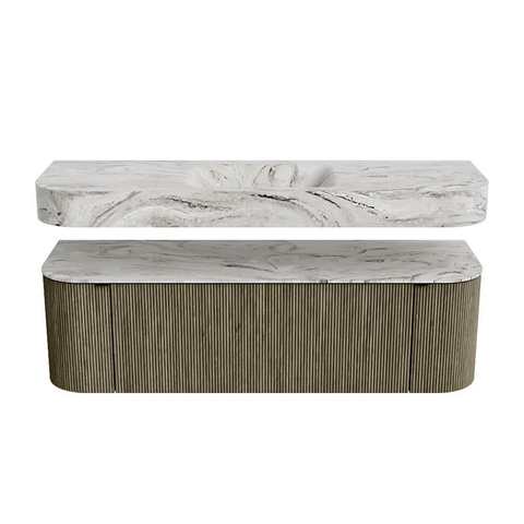 MONDIAZ THOR-DLUX 150cm meuble de salle de bains arrondi gauche + droite couleur Shadow avec 1 tiroir et 2 portes. Vasque suspendue CLOUD Milieu 1 trou de robinet couleur Glace. SW1464868