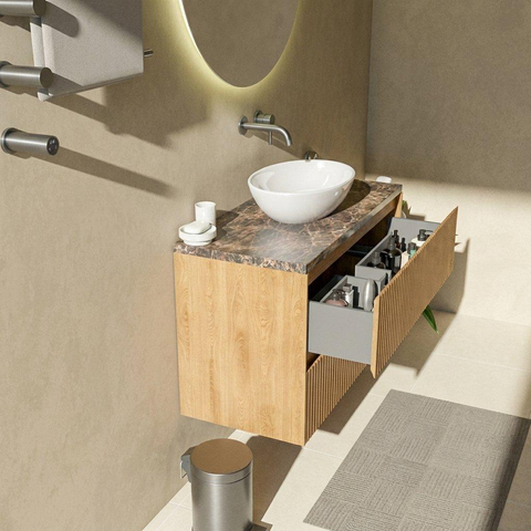 Saniclass Holz Atelier Badkamermeubelset - 100x45x63cm - Noche natuurstenen topblad dark emperador - zonder kraangat - 2 lades - mat eiken natural (hout) SW1479066