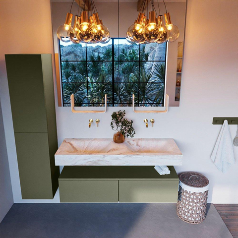 Mondiaz ALAN-DLUX Ensemble de meuble - 130cm - meuble Army mat - 2 tiroirs - Lavabo Cloud Frappe suspendu - vasque Gauche et droite - 0 trous de robinet SW805624