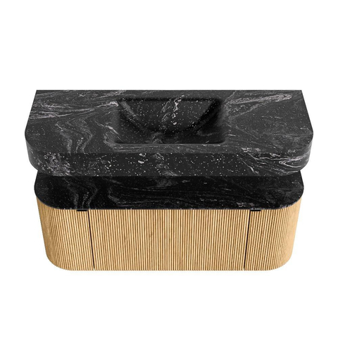 MONDIAZ THOR-DLUX 120cm badmeubel ronding links + rechts kleur Oak met 1 lade en 2 deuren. Vrijhangende wastafel CLOUD Midden zonder kraangat kleur Lava. SW1463097