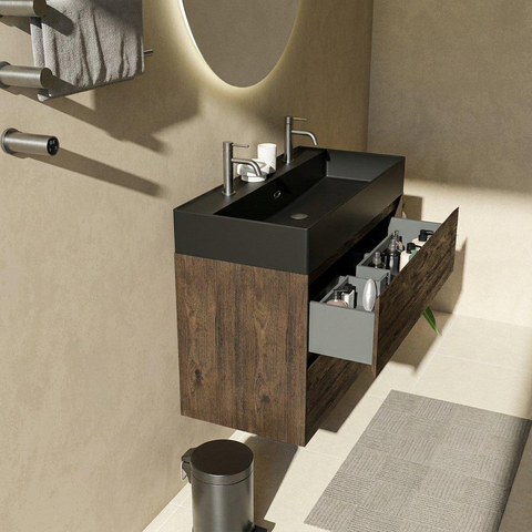 Saniclass Holz Pure Badkamermeubelset - 100x45x72cm - Legend keramische wastafel mat zwart - 1 wasbak - 2 kraangaten - 2 lades - mat eiken charcoal (hout) SW1580190