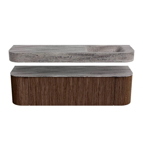 MONDIAZ THOR-DLUX 160cm meuble de salle de bains arrondi gauche + droite couleur Walnut avec 1 tiroir et 2 portes. Vasque suspendue CLOUD droite sans trou de robinet couleur Oza. SW1465291