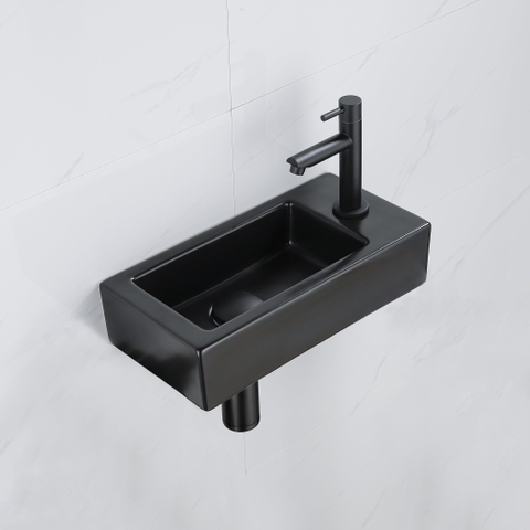 QeramiQ Fuente pack lave-mains – 37,5 x 18,5 x 9 cm – céramique noir mat – perçage à droite – robinet noir mat SW1232732