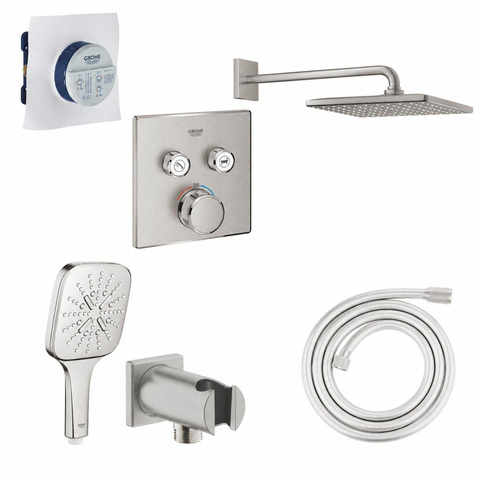 GROHE SmartControl set de douche pluie - 31x31cm - carré - thermostatique - bras mural 43cm - douchette 3 jets - avec bec de bain - chrome (inox) SW1208389