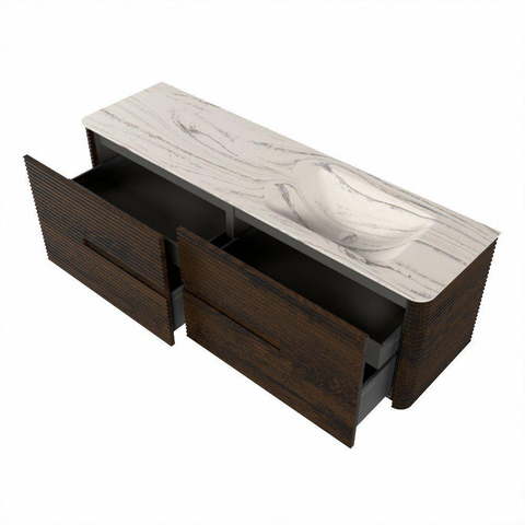 Mondiaz CIRO-DLUX Meuble de salle de bains - 160x45x50cm - Plan vasque Solid surface Nata - 1 vasque à droite - sans trous de robinet - 4 tiroirs - Noyer SW1533777