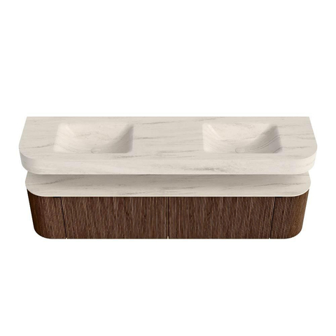 MONDIAZ THOR-DLUX Meuble de salle de bains - 190cm - arrondi gauche + droite - couleur Walnut - 2 tiroirs et 2 portes - Vasque suspendue CLOUD Double 2 trous de robinet - couleur Meli SW1466738