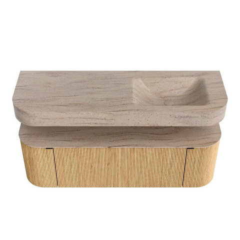 MONDIAZ THOR-DLUX 140cm badmeubel ronding links + rechts kleur Oak met 1 lade en 2 deuren. Vrijhangende wastafel CLOUD Rechts 1 kraangat kleur Saba. SW1464301