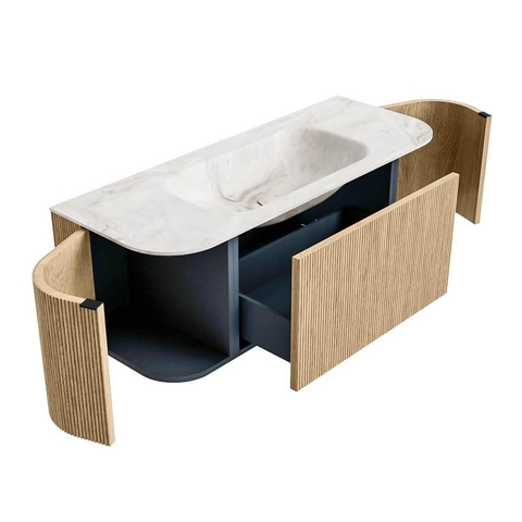 MONDIAZ KURVE-DLUX Meuble de salle de bains 120 cm avec module 25 Len R couleur Oak avec 1 tiroir et 2 portes. Lavabo BIG SMALL central sans trou de robinet couleur Frappe. SW1137338