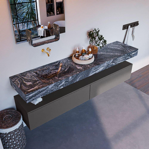 Mondiaz ALAN-DLUX Ensemble de meuble - 200cm - meuble Dark grey mat - 2 tiroirs - Lavabo Cloud Lava suspendu - vasque Gauche - 0 trous de robinet SW808259