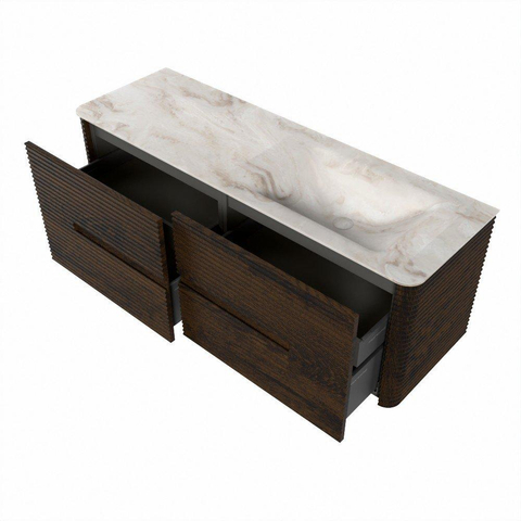 Mondiaz CIRO-DLUX Badkamermeubelset - 140x45x50cm - Solid surface wastafel Frappe - 1 wasbak Rechts - 1 kraangat - 4 lades - Walnut SW1530307
